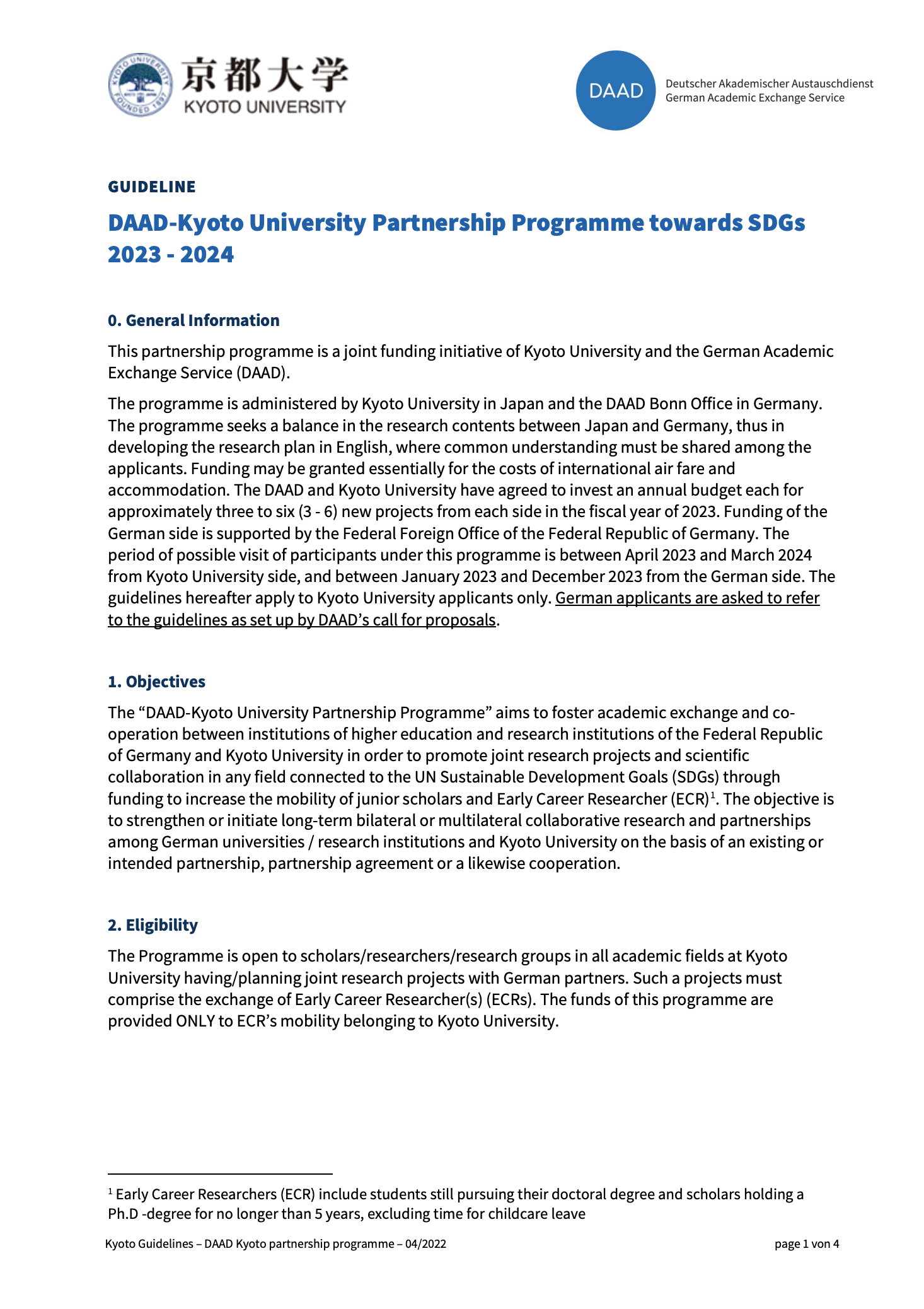 Call for Application: DAAD-Kyoto University Partnership Programme towards SDGs 2023-2024 Guideline